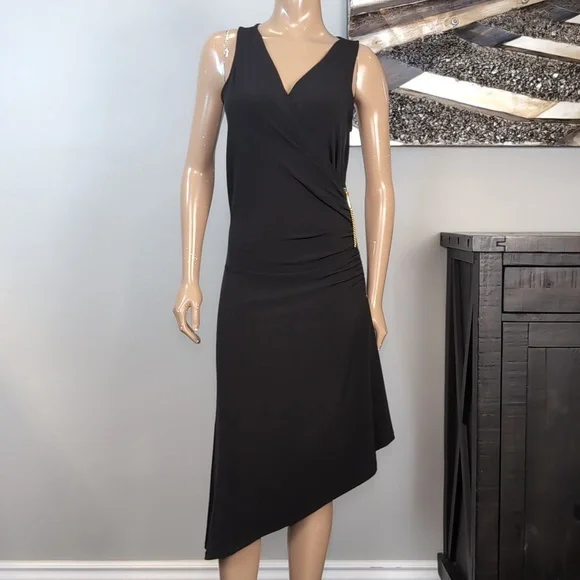 Michael Kors Asymmetric Midi Dress Gold Zipper Sleeveless Black Size Medium - Picture 2 of 12